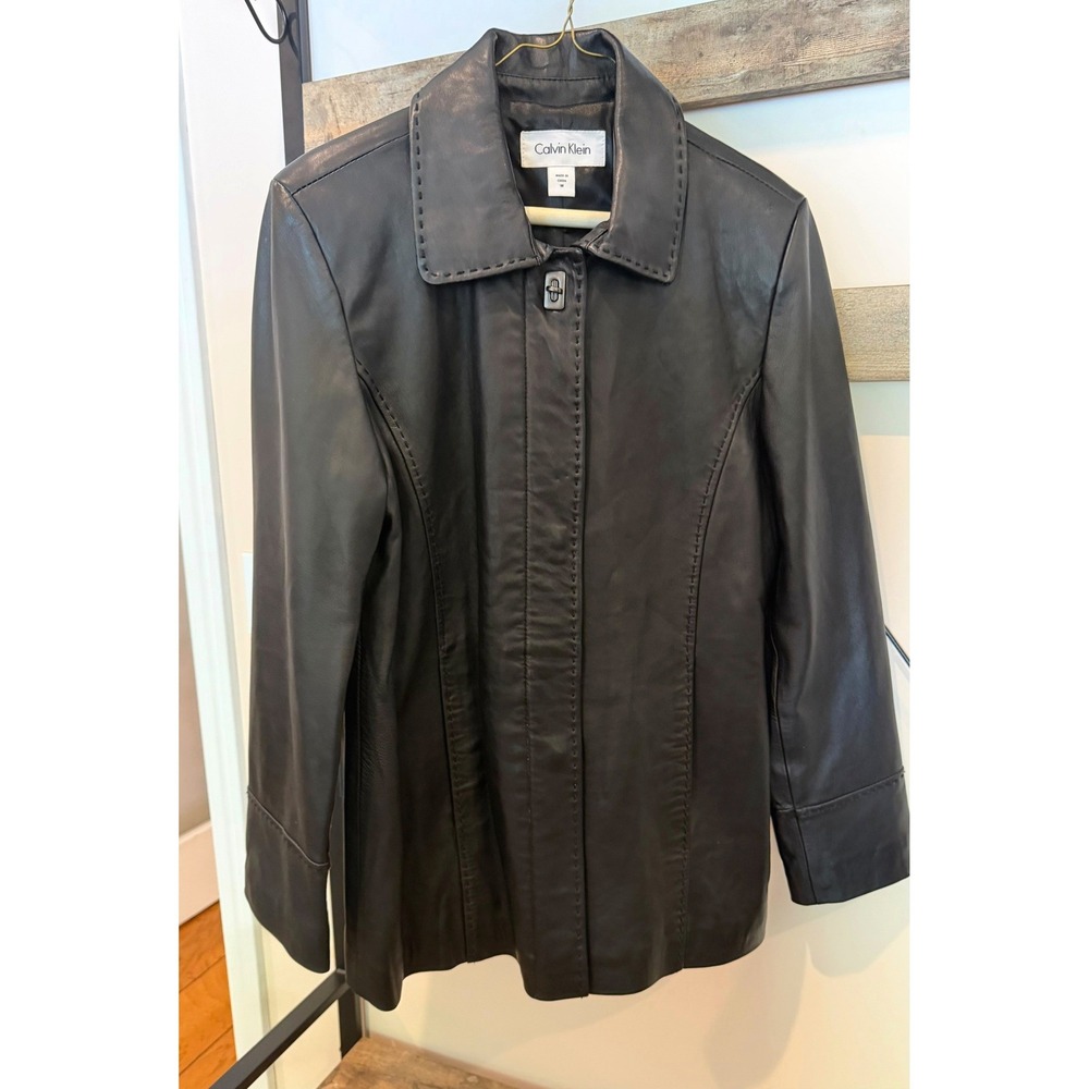 Calvin Klein Black Genuine Leather Jacket Whipstitch Trim Toggle Zip Coat Medium
